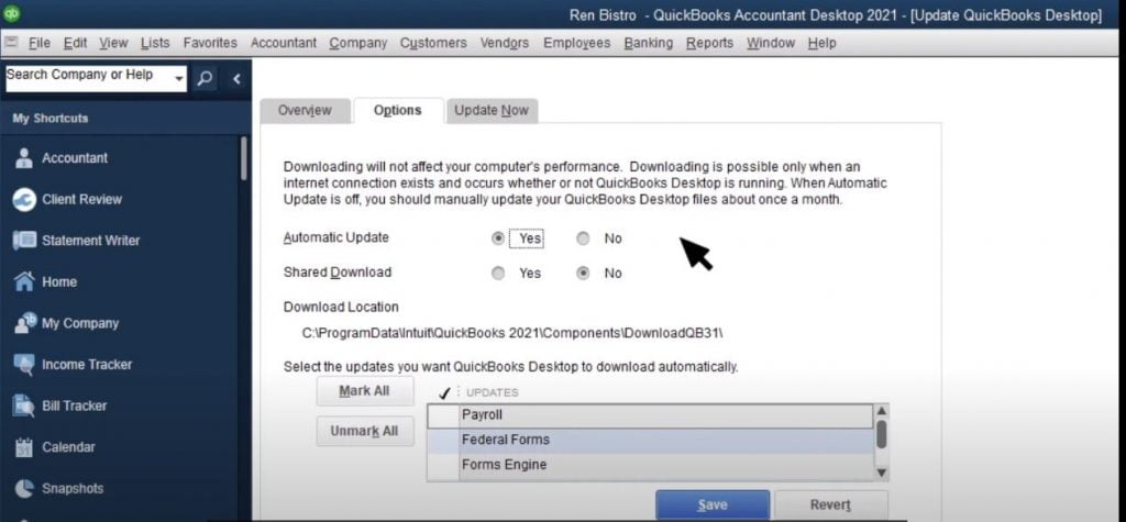 QuickBooks Update option